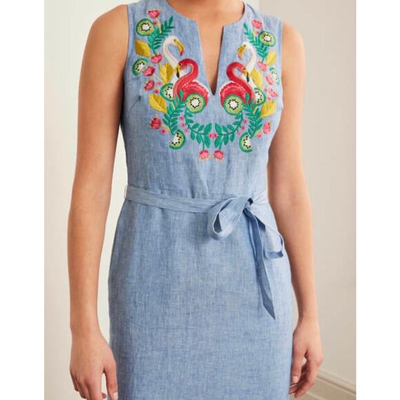 Boden blue chambray tropical bird embroidered linen midi dress - Picture 6 of 10